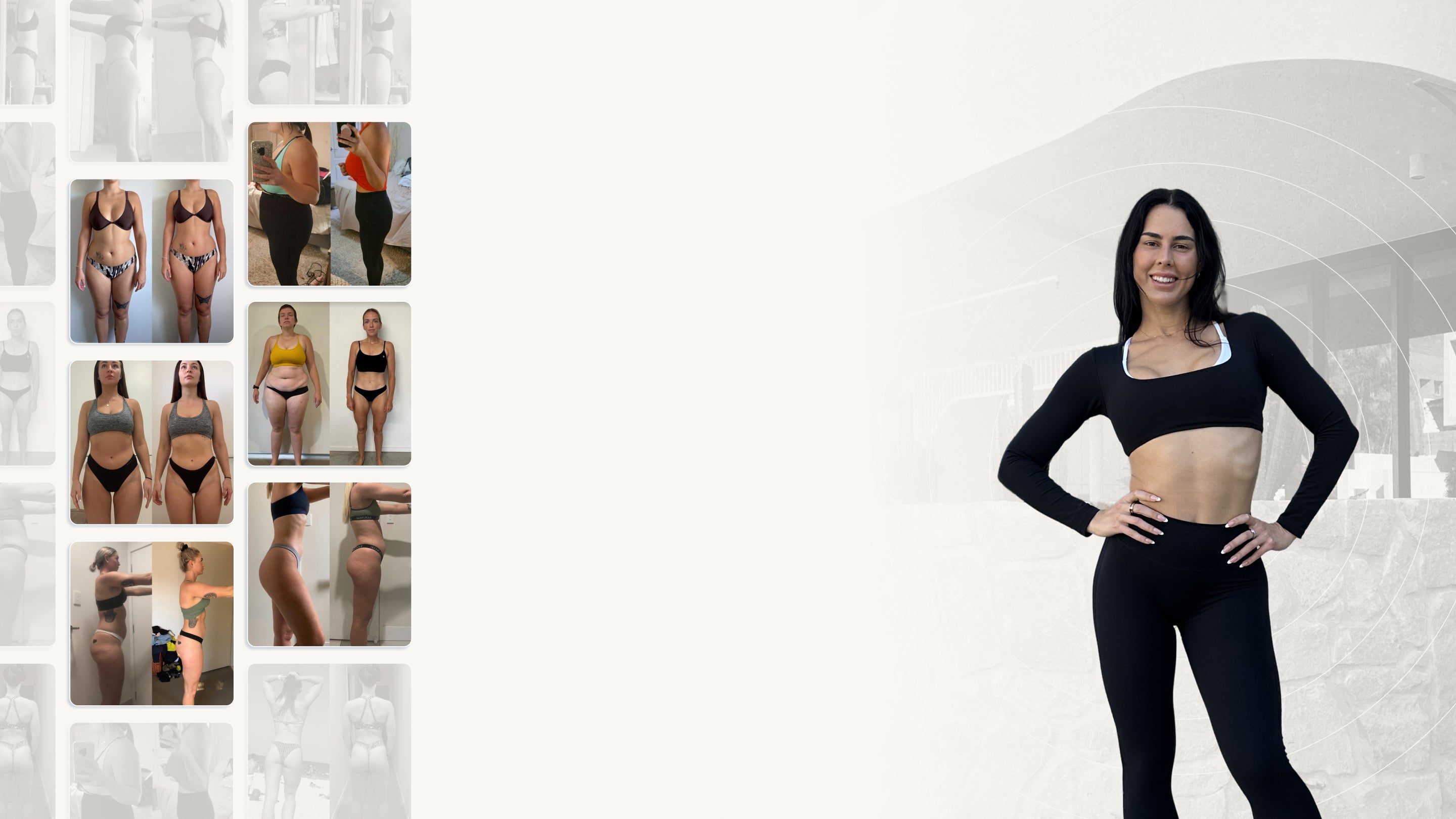 Woman in black athletic wear standing in front of a white building with a grid of transformation images on the left.